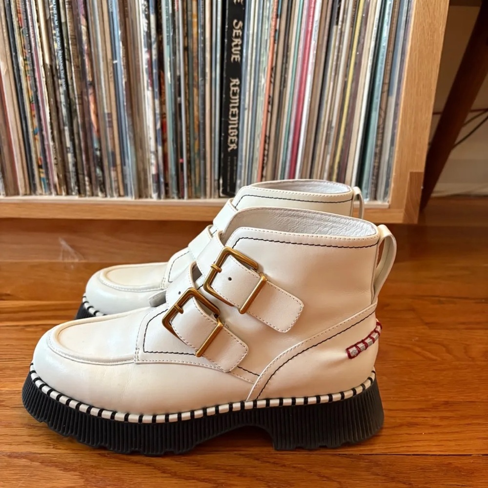 Charlotte Stone White Leather Boots with Gold Buckles